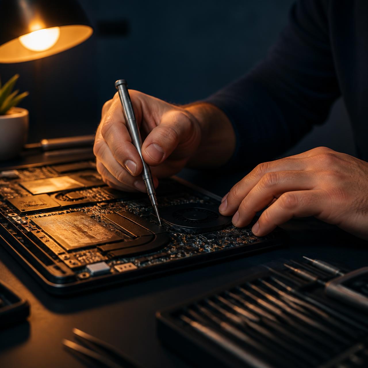 Technician repairing a laptop mainboard at the Krishna Laptop Store workbench